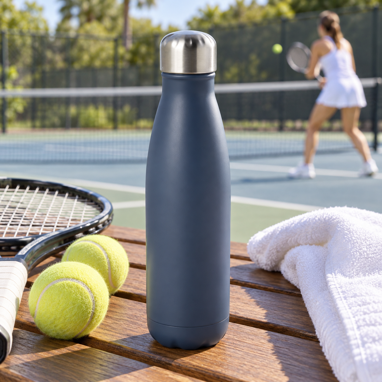 Edelstahl-Trinkflasche am Tennisplatz
