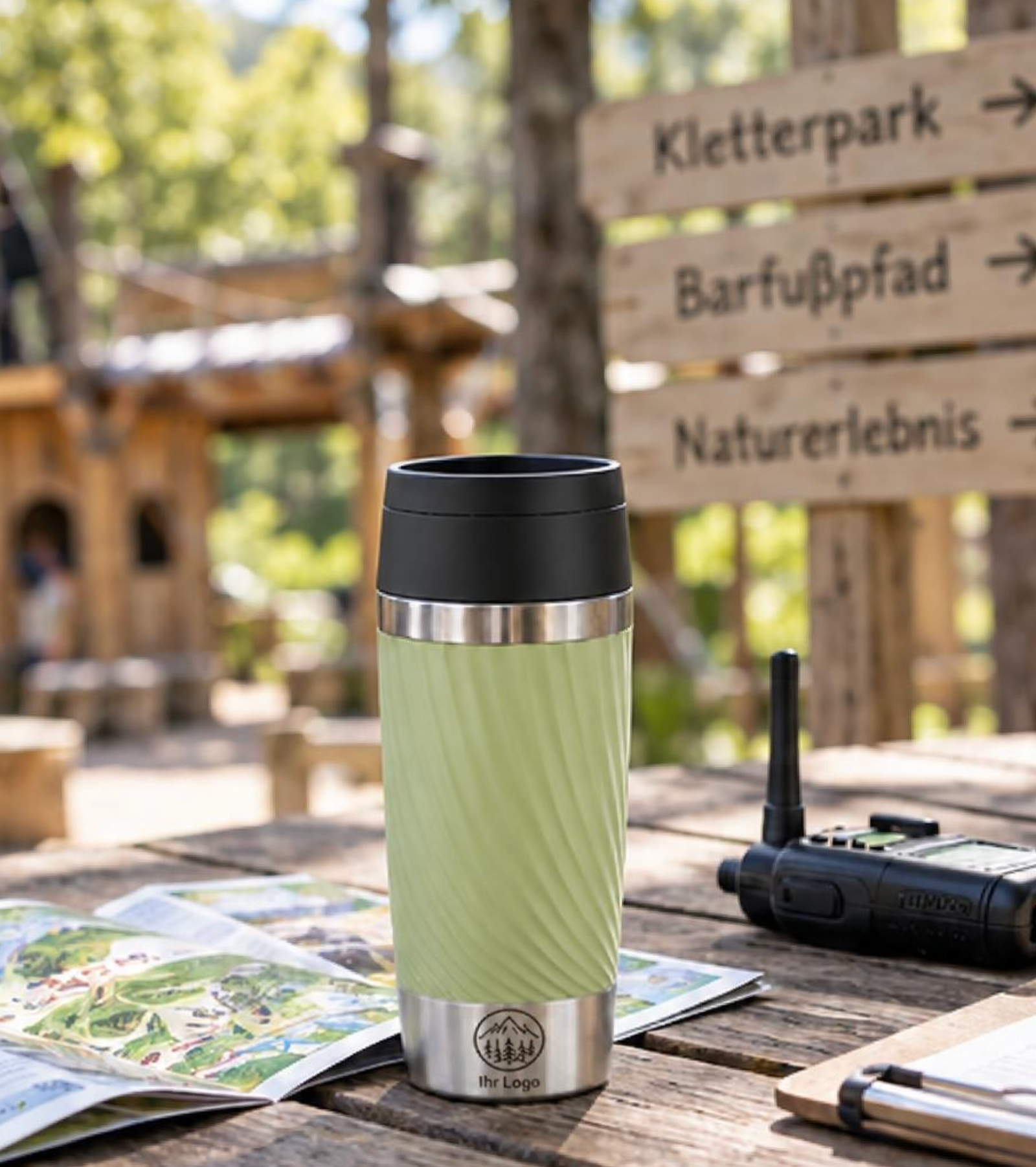 Isolierbecher in Salbeigrün mit Beispielgravur Ihr Logo für den Freizeitpark