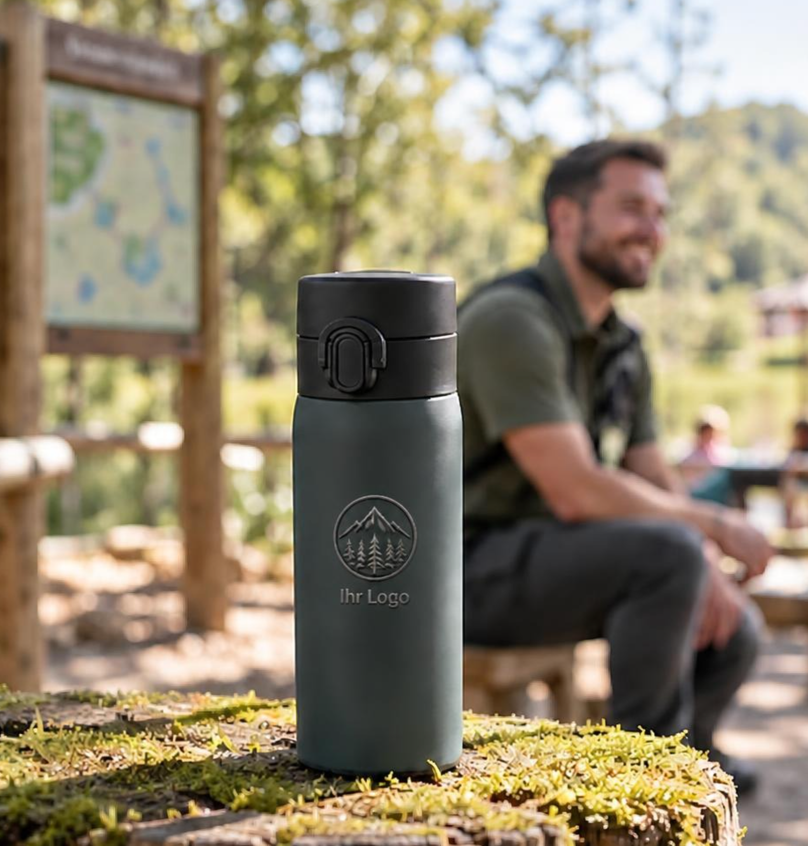 Pause im Kletterwald mit Thermobecher mit Firmenlogo