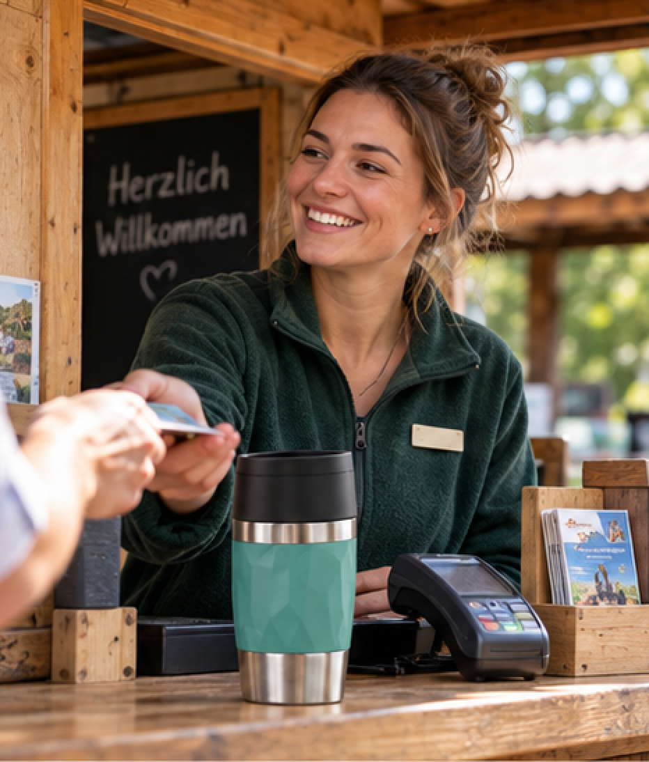 Empfang und Kasse im Freizeitpark mit Thermobecher mit Firmenlogo