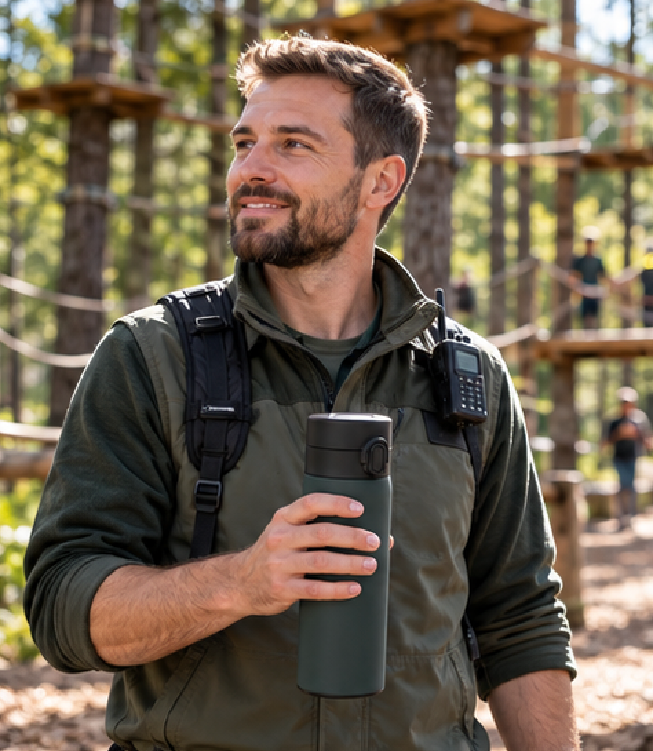 Mitarbeitergeschenk Freizeitpark – Kletterpark-Guide nutzt Thermobecher mit Firmenlogo im Außeneinsatz