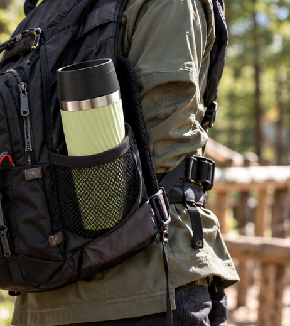 Thermobecher mit Firmenlogo griffbereit am Klettergurt
