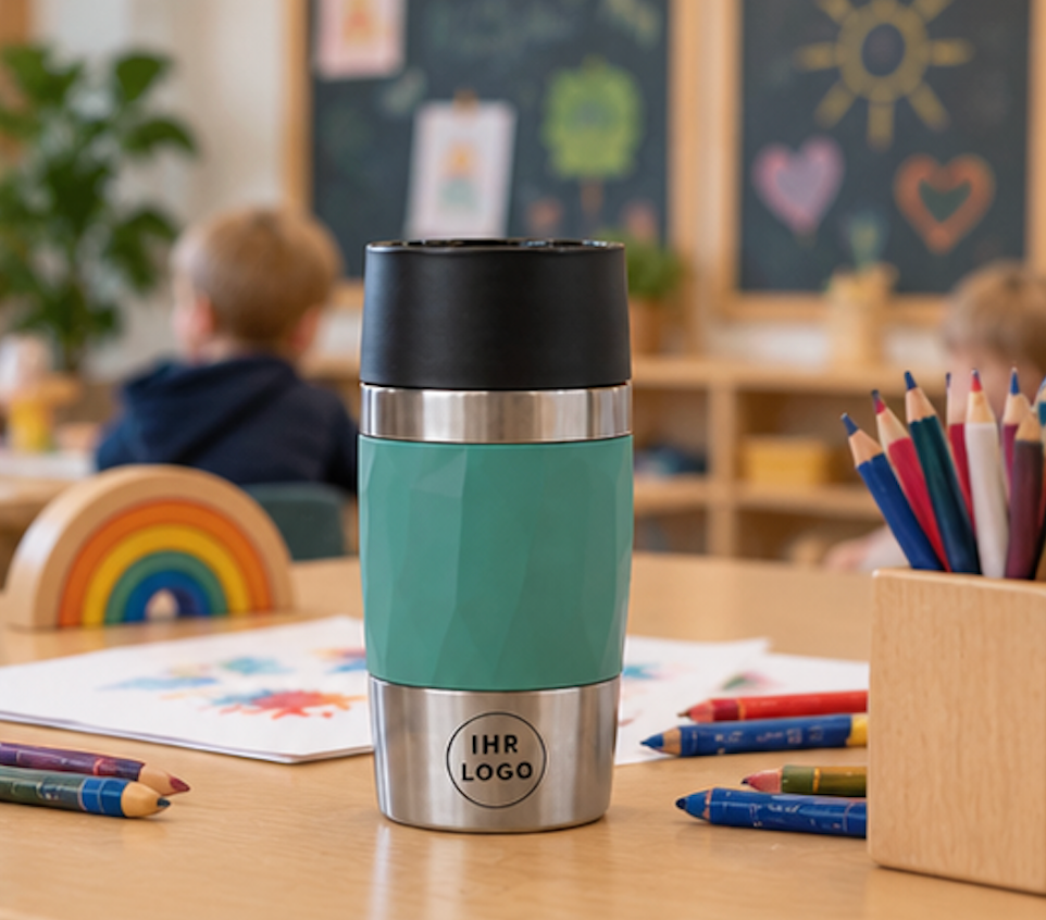 Emsa Travel Mug Compact in Petrol mit Beispielgravur Ihr Logo für die Kita