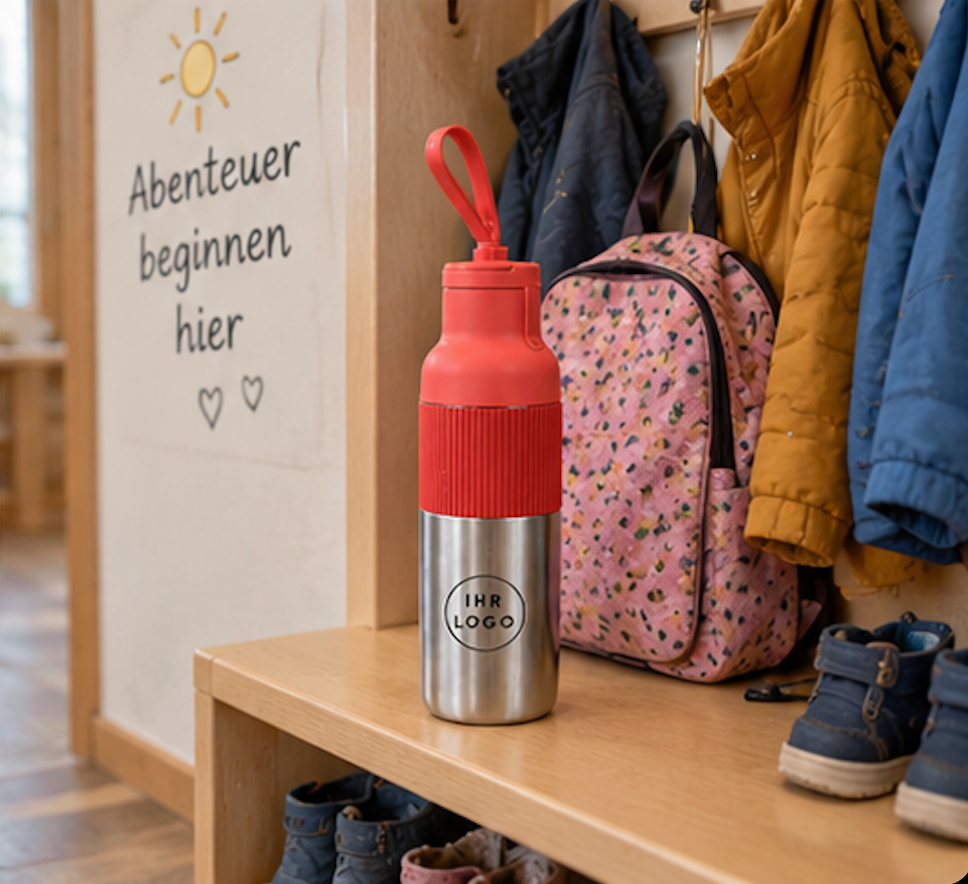 Bring- und Abholzeit in der Garderobe mit Thermobecher mit Firmenlogo