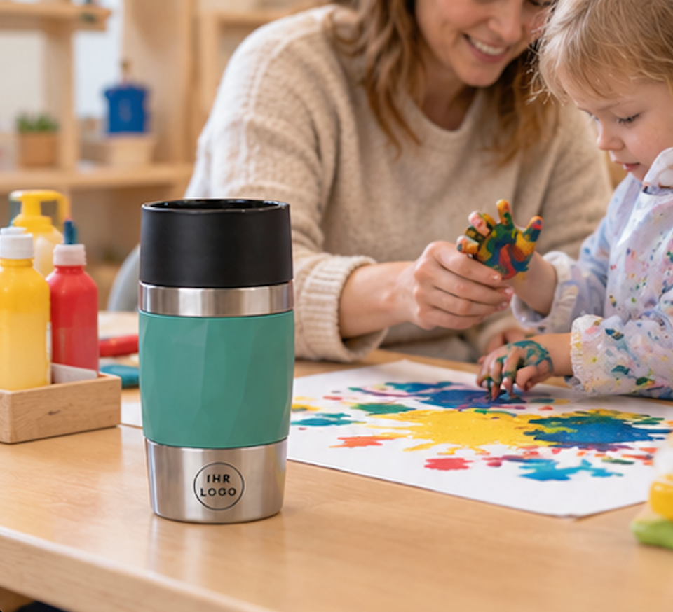 Kreativangebote in der Kita mit Thermobecher mit Firmenlogo