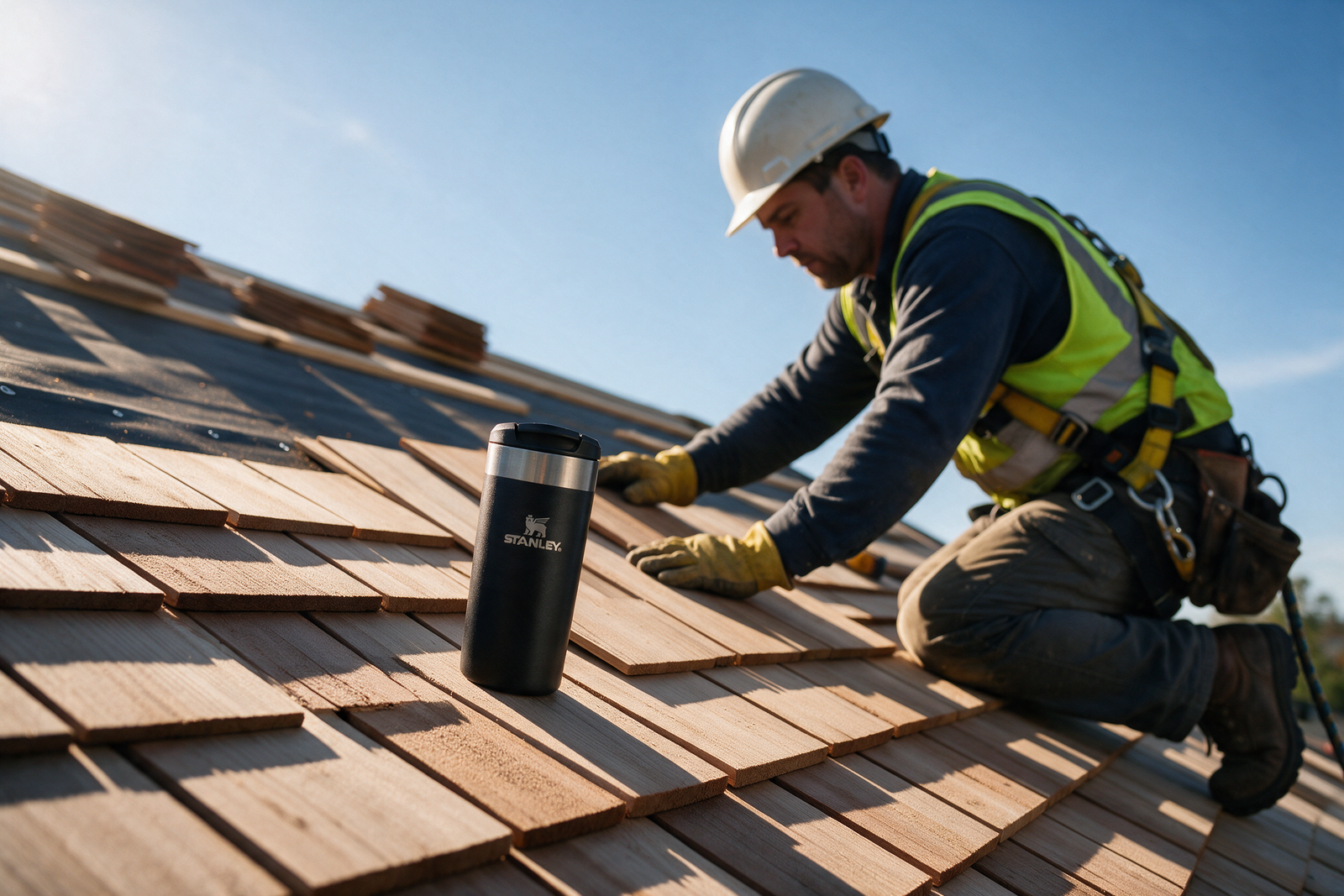Dachdecker bei der Arbeit auf dem Dach neben einem Thermobecher mit Firmenlogo