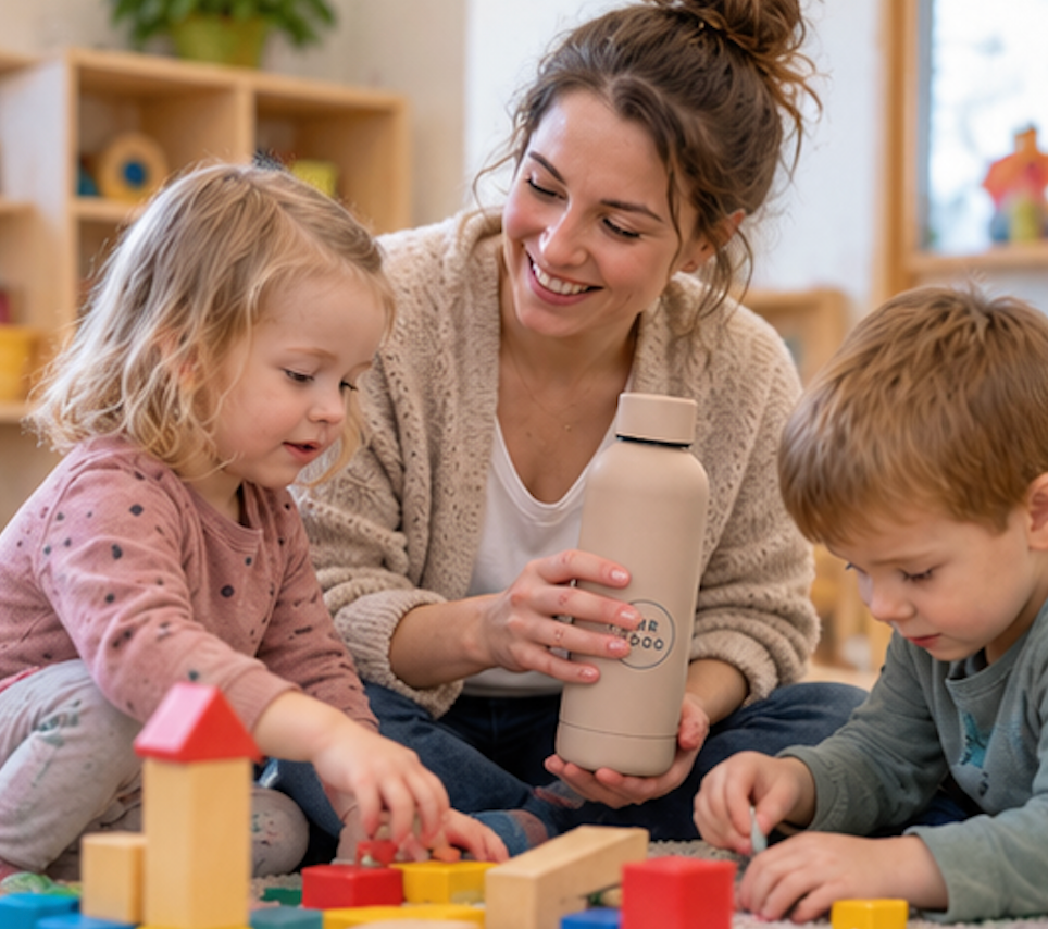 Mitarbeitergeschenk Kita – Erzieherin nutzt Thermobecher mit Firmenlogo beim Spielen mit Kindern