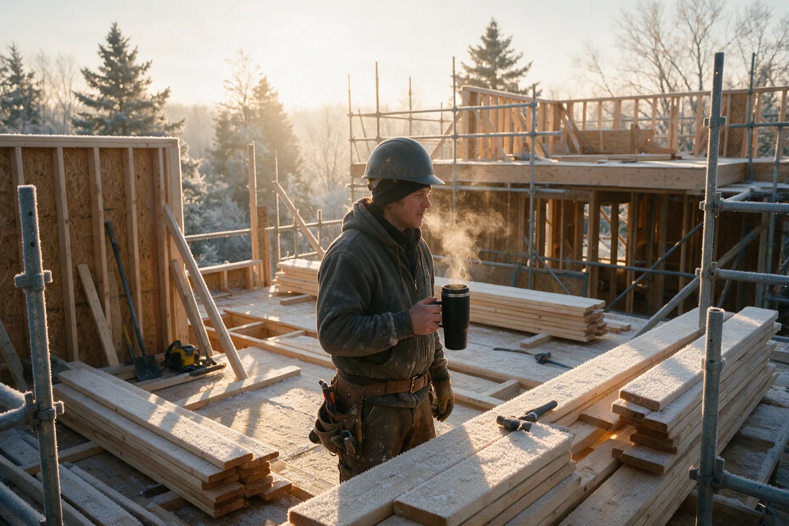 Dachdecker mit Thermobecher auf der Baustelle im Winter