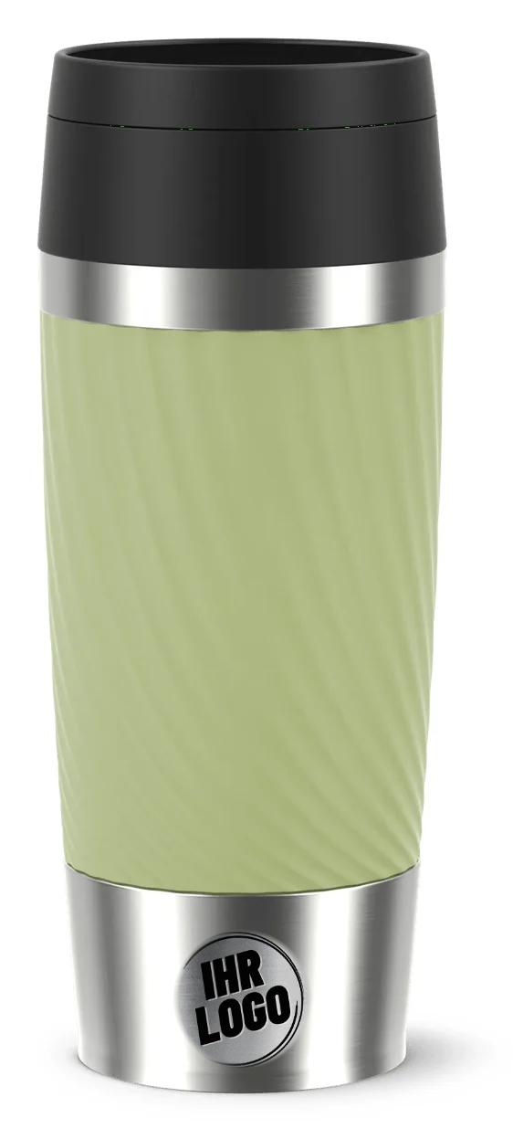 Emsa Travel Twist Mug 0,36 l in Salbeigrün mit Firmenlogo für den Freizeitpark