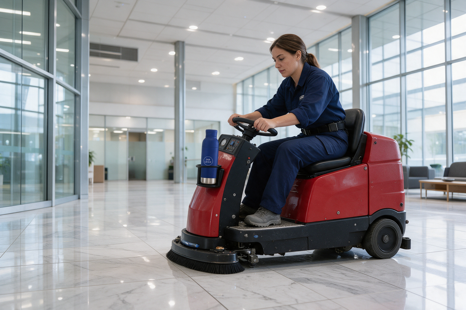 Gebäudereinigung mit Aufsitz-Reinigungsmaschine und Thermobecher mit Firmenlogo