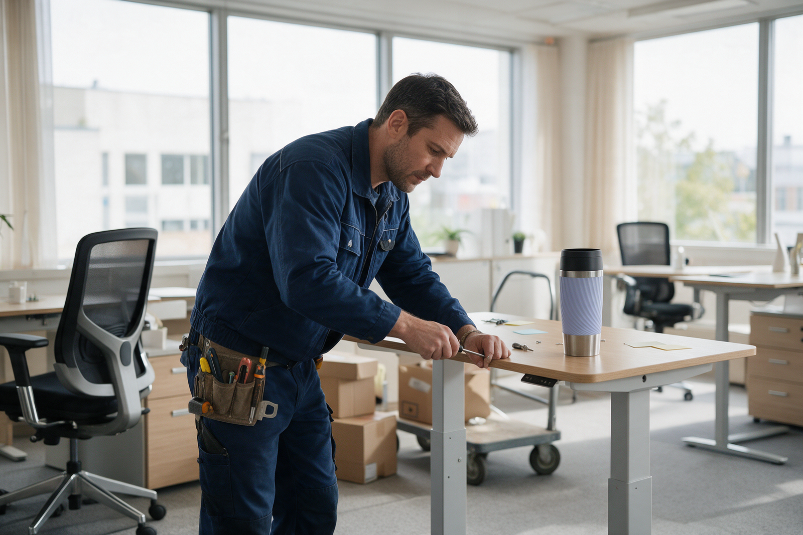 Mitarbeitergeschenk Facility Management – Team nutzt Thermobecher mit Firmenlogo im Büro