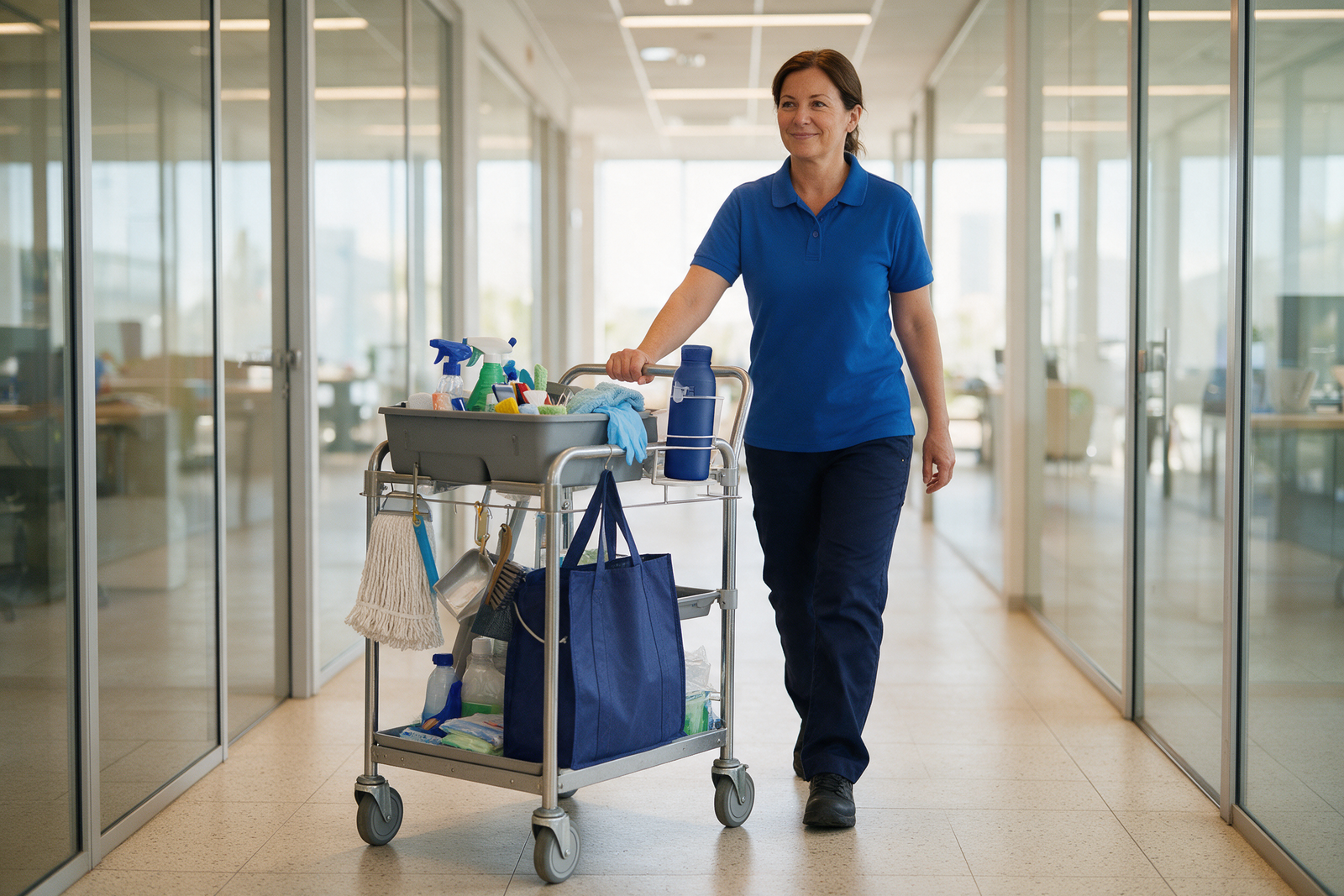 Gebäudereinigung mit Reinigungswagen und Thermobecher mit Firmenlogo