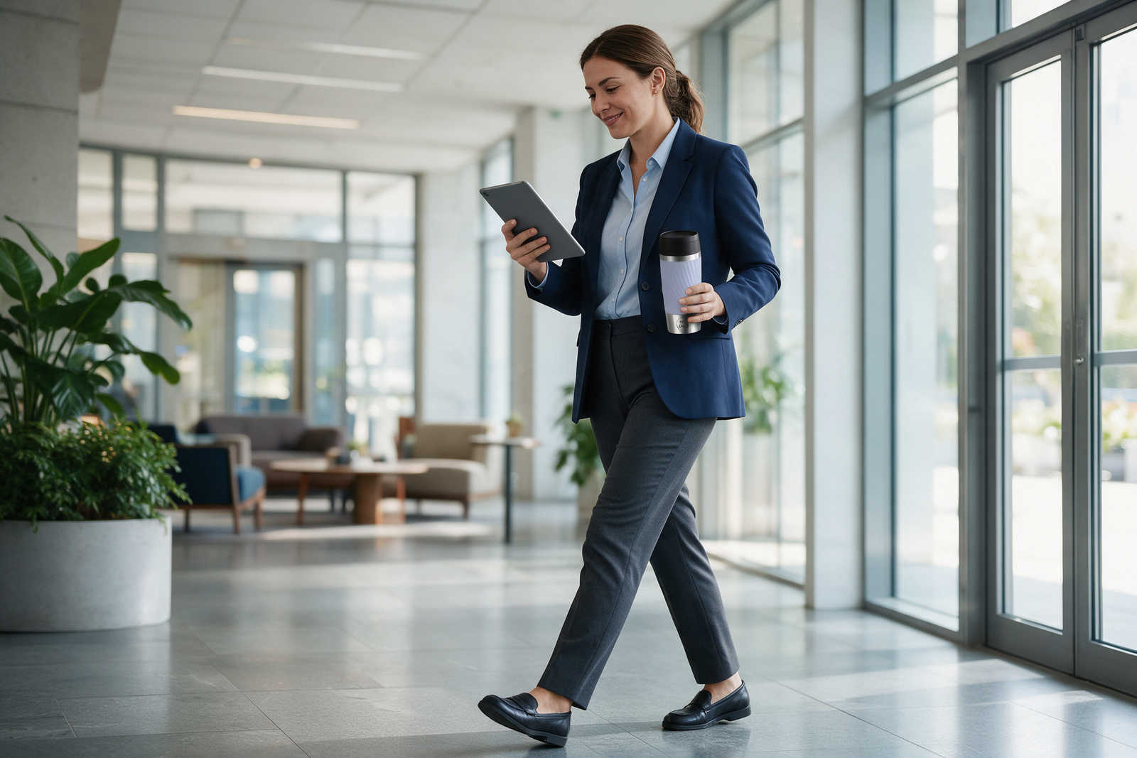 Facility Management Empfang und Lobby-Pflege mit Thermobecher mit Firmenlogo