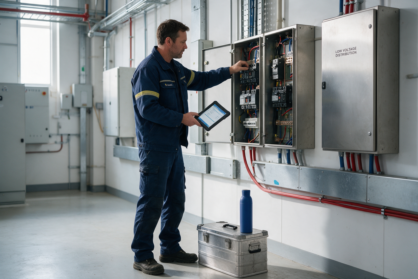 Facility Management Technik und Wartung mit Thermobecher mit Firmenlogo