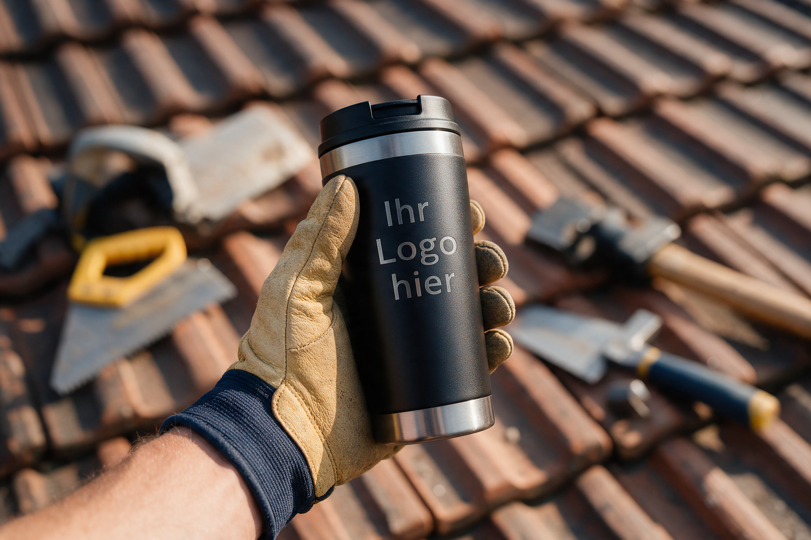 Nahaufnahme: Thermobecher mit Gravur Ihr Logo hier in der Hand eines Dachdeckers