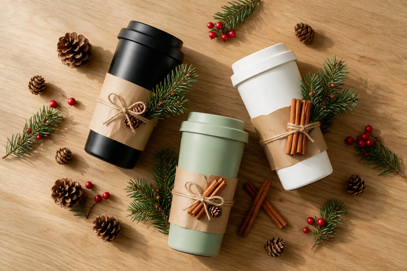 Thermobecher als Weihnachtsgeschenk für Mitarbeiter, in Kraftpapier verpackt