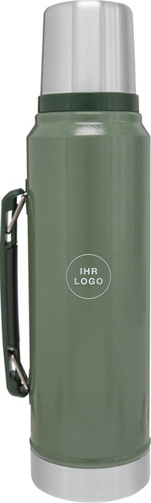 Stanley Thermoskanne 1l in Hammertone Grün mit Gravurbeispiel „Ihr Logo“ auf der Rückseite